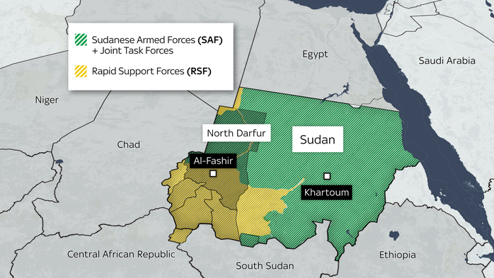 Khu vực màu vàng do RSF nắm giữ, màu xanh do quân đội Sudan nắm giữ. Ảnh: Sky News