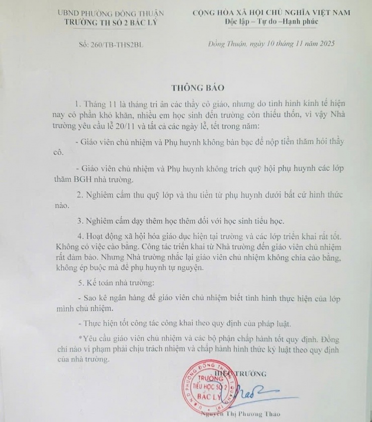 Thông báo gây thiện cảm của Trường Tiểu học số 2 Bắc Lý.