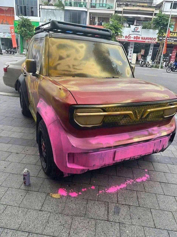 Hình ảnh chiếc xe bị xịt sơn gần như kín toàn bộ phần thân khi đậu xe qua đêm trước cửa nhà. (Ảnh mạng xã hội)