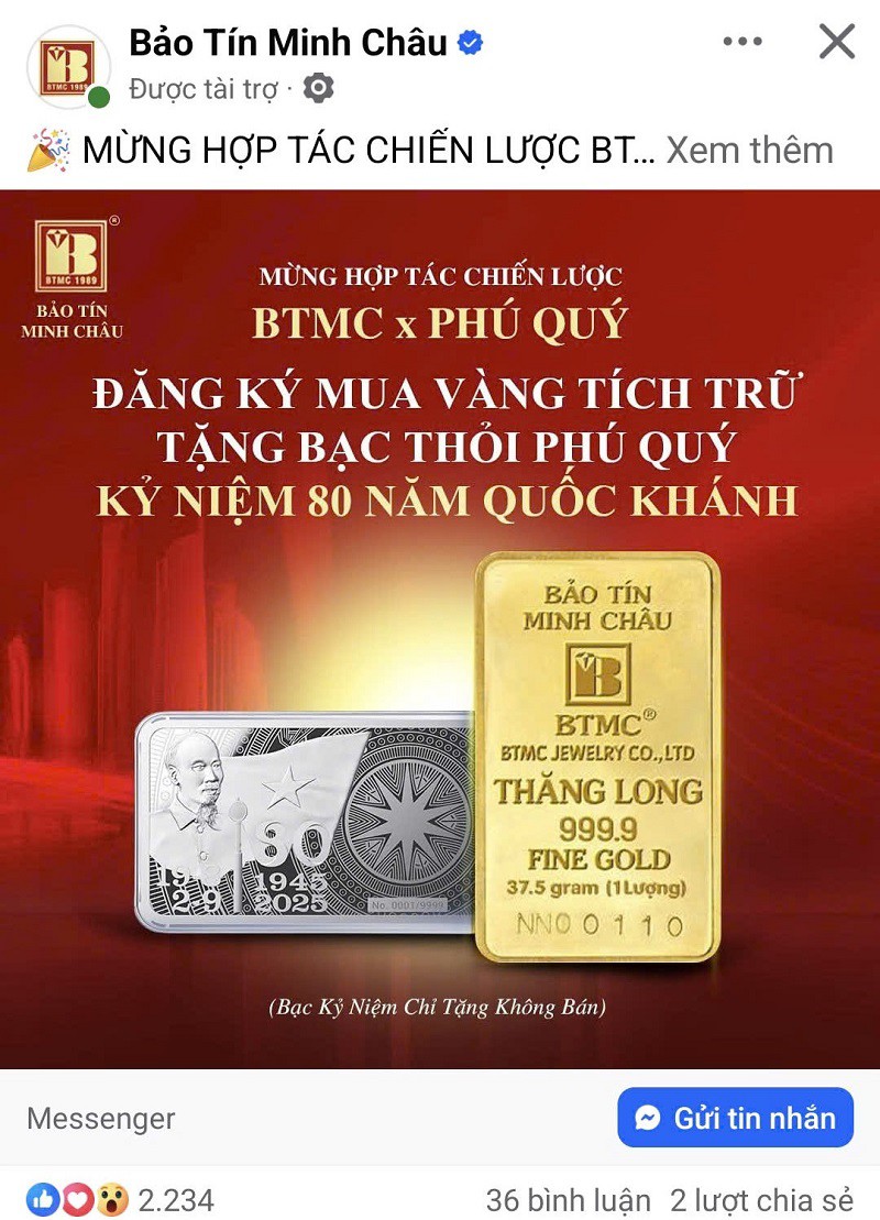 Một trang mạng giả mạo thương hiệu nổi tiếng và đăng tải bài viết mua vàng tặng bạc, sau đó chạy quảng cáo để chiếm đoạt tài sản của người dân.