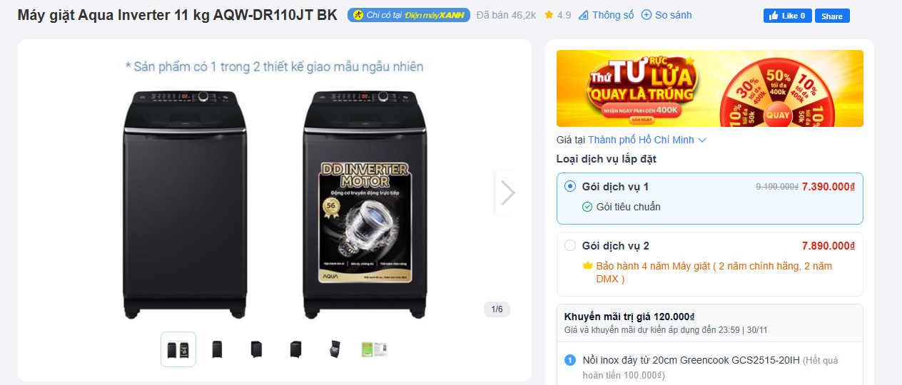 Máy giặt Aqua Inverter 11 kg AQW-DR110JT BK.