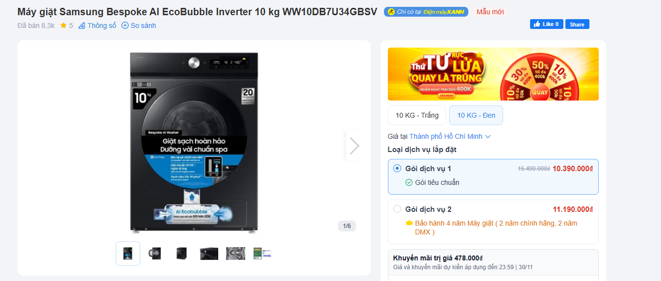 Máy giặt Samsung Bespoke AI EcoBubble Inverter 10 kg WW10DB7U34GBSV.