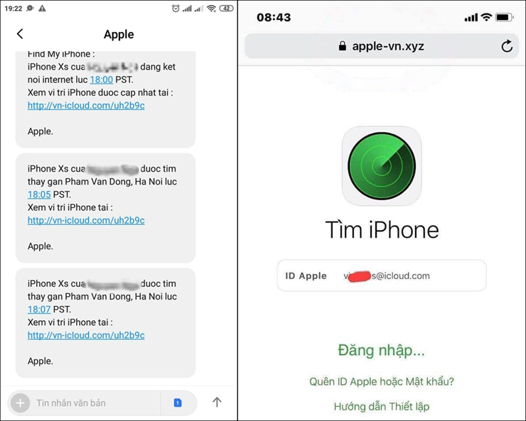 Tin nhắn lừa đảo thông báo đã tìm thấy iPhone bị mất.