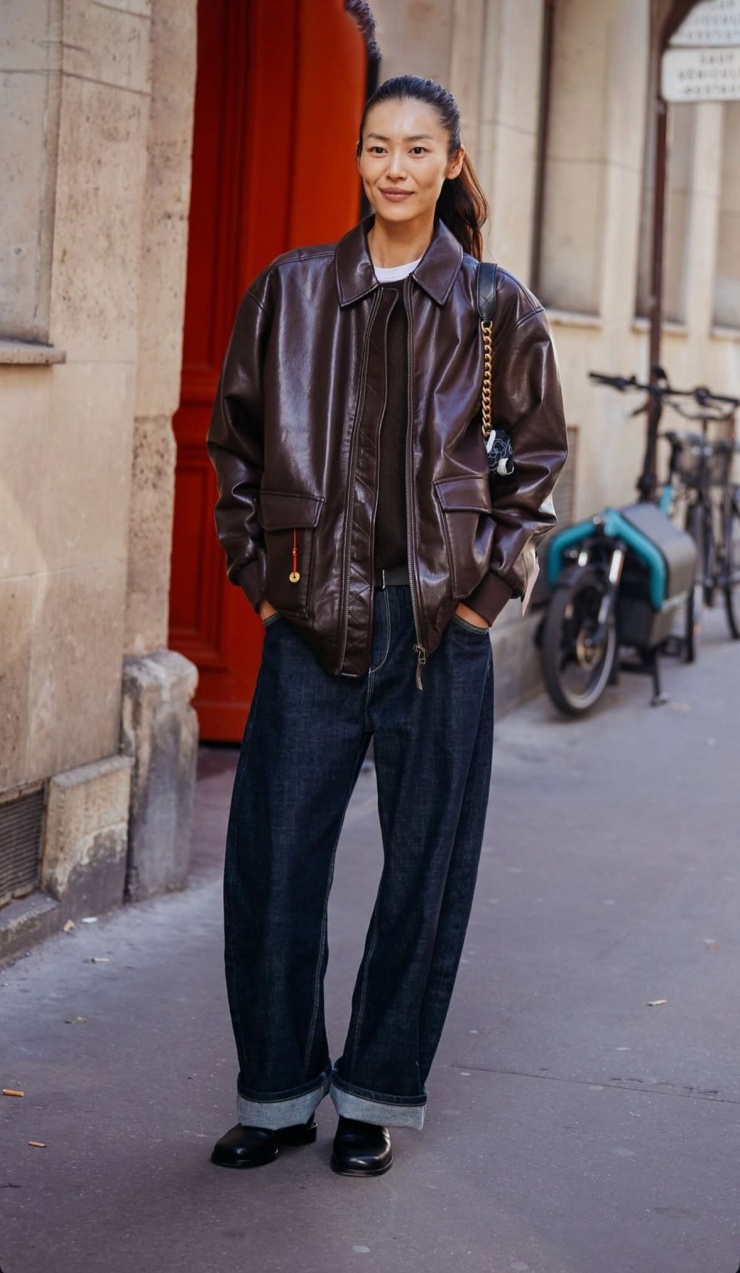 Ngoài blazer, áo khoác da cũng là thiết kế giúp người mặc tạo sức hút. Bạn có thể học cách mặc của siêu mẫu Lưu Văn, gồm áo phông, áo dệt kim cổ tròn, áo khoác nâu, quần ống suông. Để trông thanh lịch, hãy chọn giày loafer thay vì bốt biker. So với màu đen, sắc nâu trông lạ mắt và trẻ hơn.