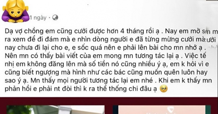 Bài đăng đòi tiền mừng cưới gây bão mạng xã hội. Ảnh chụp màn hình 