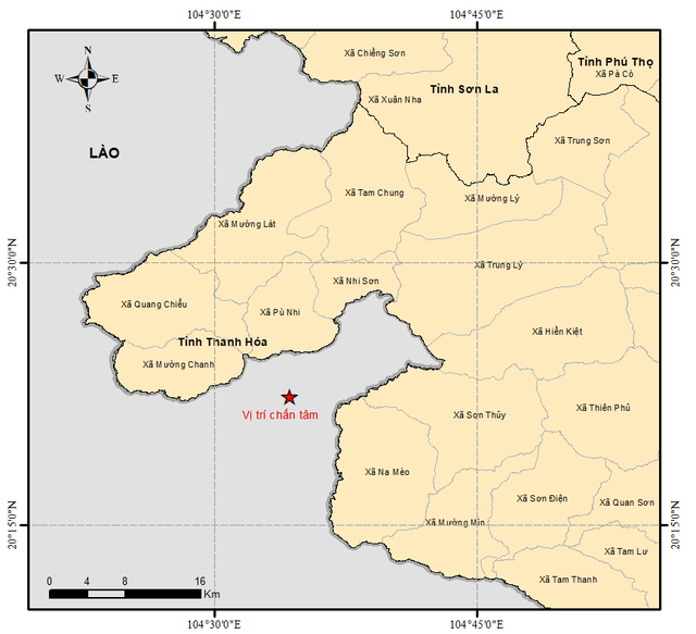 Vị trí xảy ra trận động đất khiến Hà Nội rung lắc đêm qua.