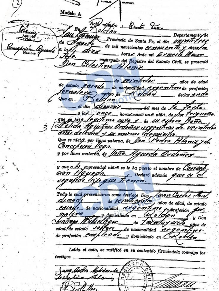 Hồ sơ của Concepcion Agueda Alaniz - bà ngoại Imanol Machuca, sinh ra ở Argentina