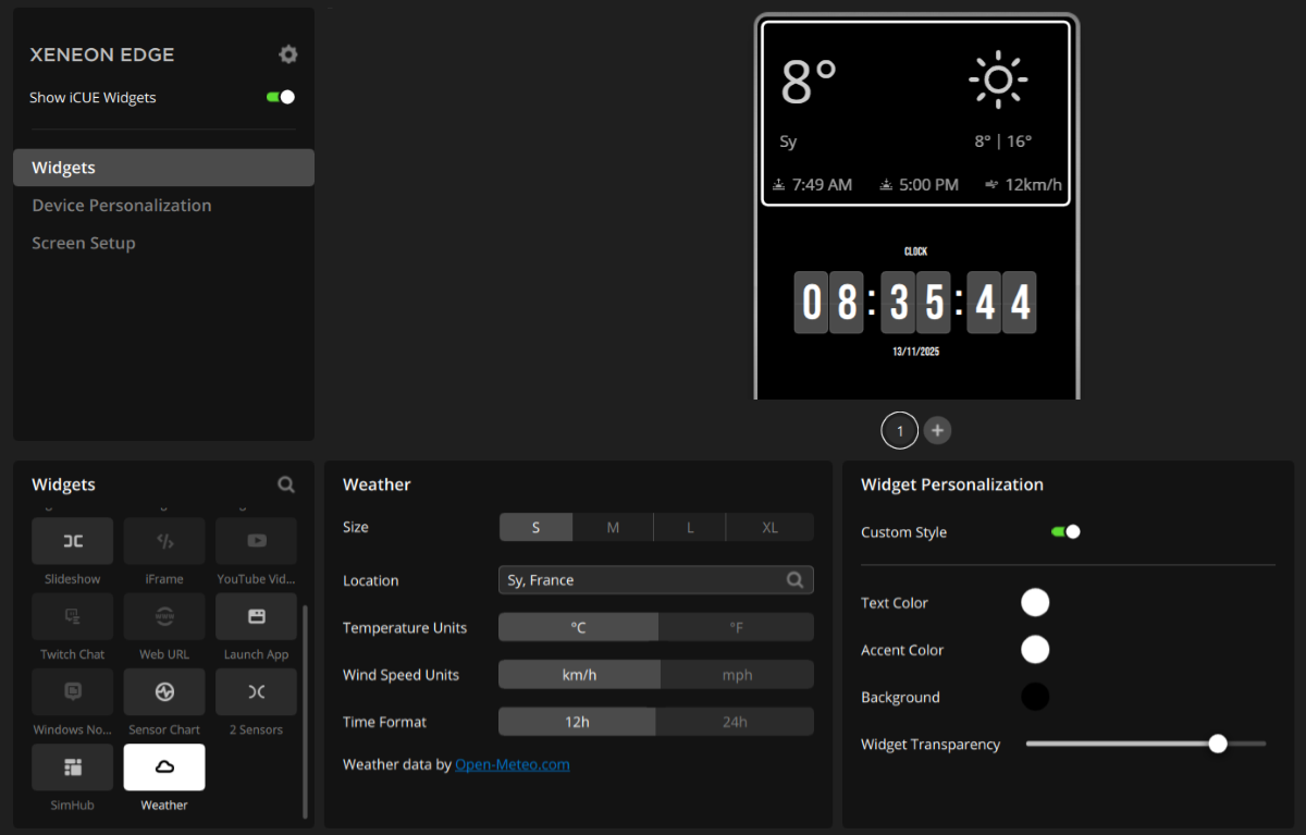Các tùy chỉnh cho widget thời tiết (Weather).