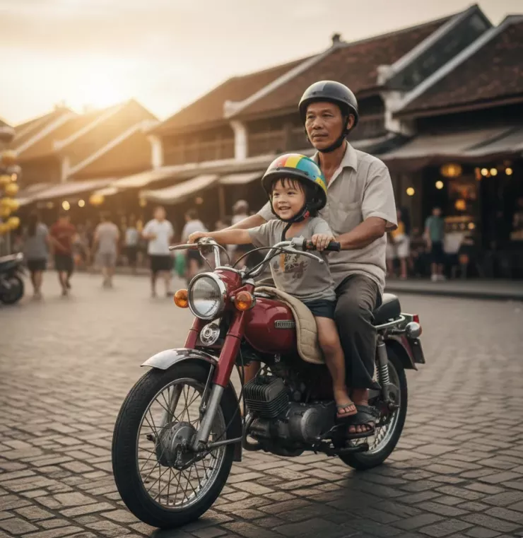 Hiểu đúng về quy định cho phép trẻ em ngồi phía trước xe máy như thế nào để không bị xử phạt. (Ảnh minh hoạ: AI)