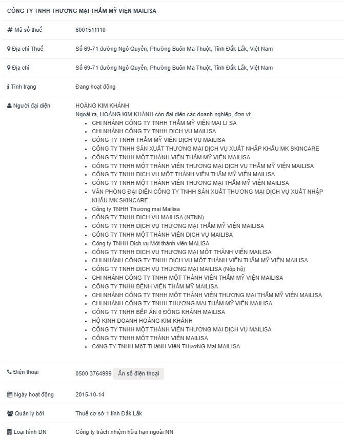 Hồ sơ Công ty TNHH Thương mại Thẩm mỹ viện Mailisa tại Đắk Lắk.