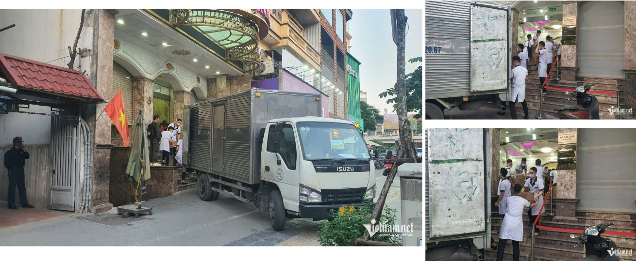 Một số nhân viên thẩm mỹ viện hỗ trợ lực lượng chức năng đưa các thùng carton lên xe.