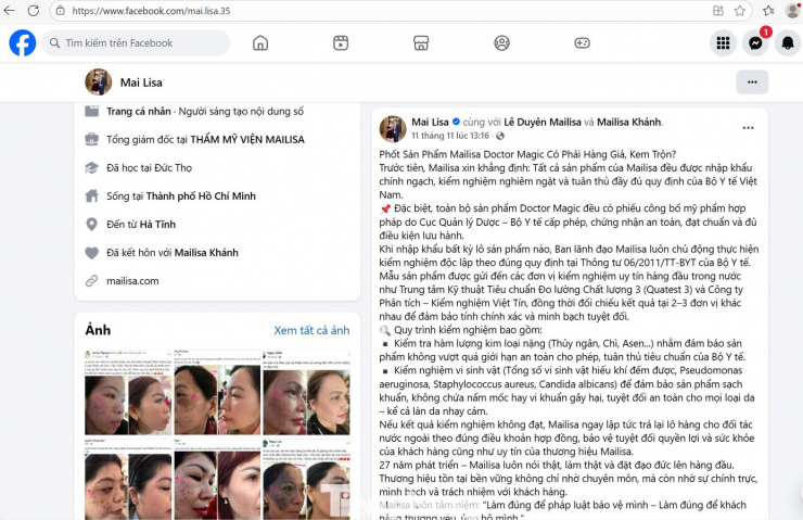 Bà Phan Thị Mai - chủ hệ thống Mailisa - lên tiếng trên trang cá nhân khi bị "bốc phốt" sản phẩm của mình là hàng giả, kem trộn.