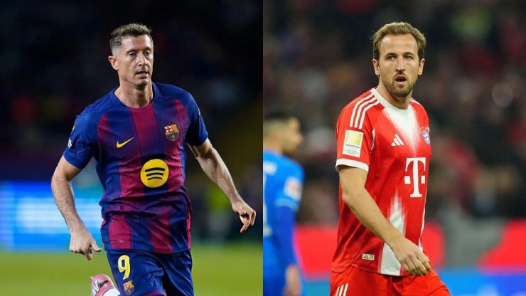 Barca nhắm Kane (áo đỏ) thay Lewandowski