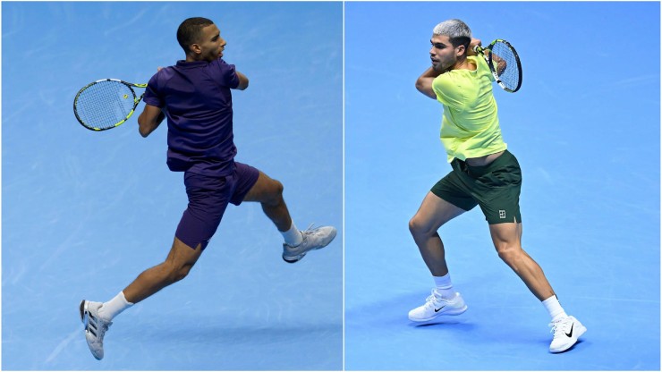Alcaraz (bên phải) quyết tâm đánh bại Aliassime (bên trái) giành vé chung kết ATP Finals 2025