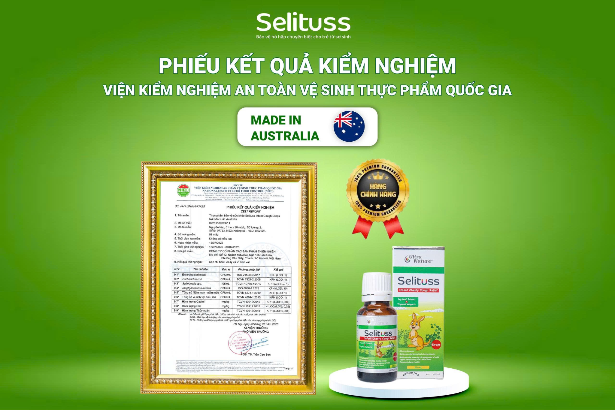 Phiếu kiểm nghiệm đạt yêu cầu về an toàn, vi sinh vật và kim loại nặng