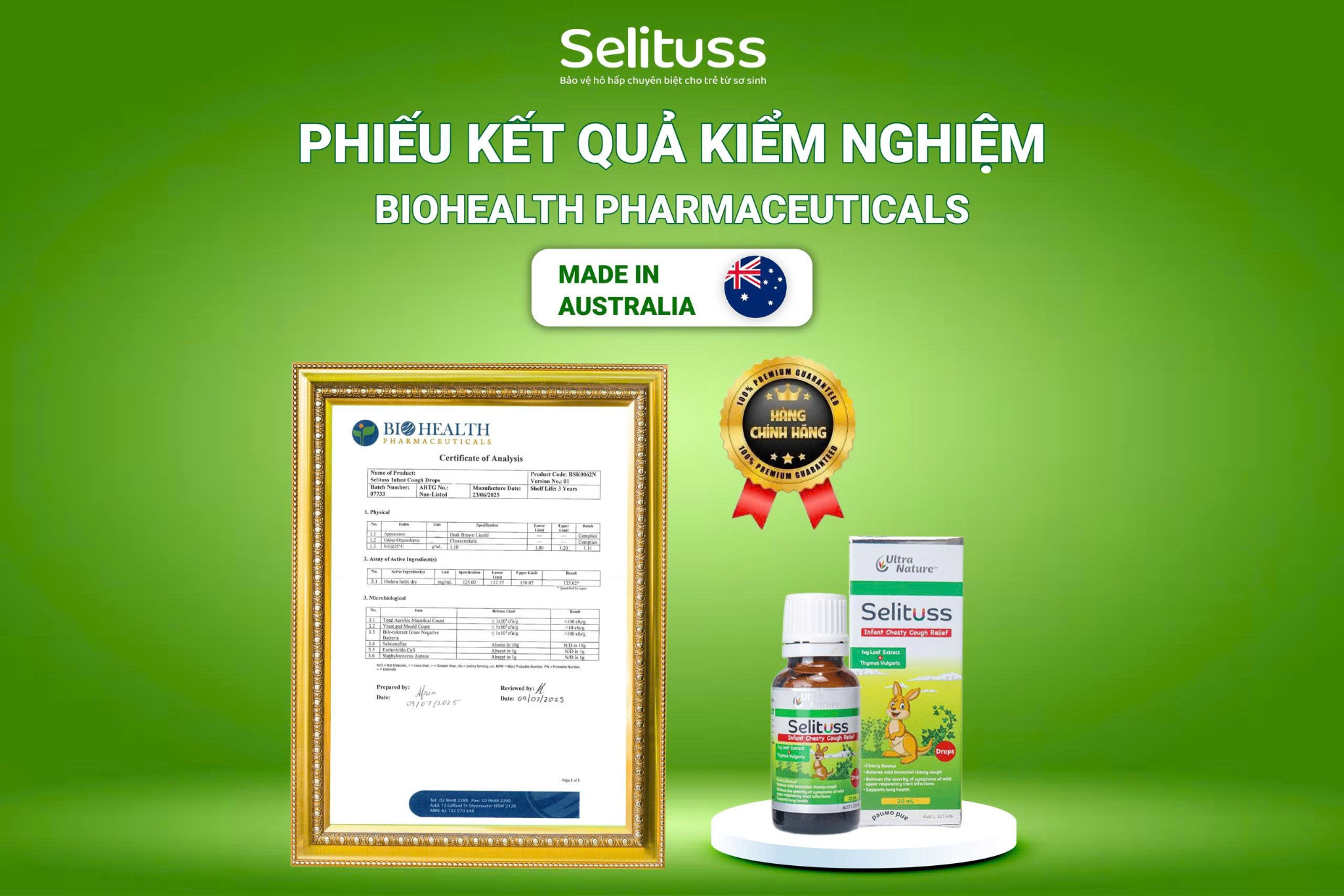Phiếu kiểm nghiệm thành phần hoạt chất từ nhà máy Biohealth Pharmaceuticals (Australia).