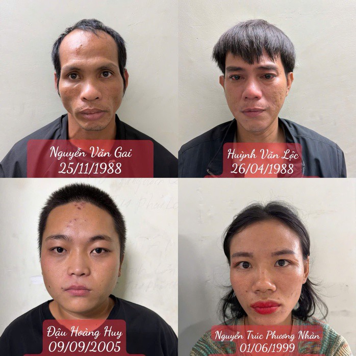 Nguyễn Văn Gai, Huỳnh Văn Lộc, Đậu Hoàng Huy và Nguyễn Trúc Phương Nhàn tại cơ quan công an.