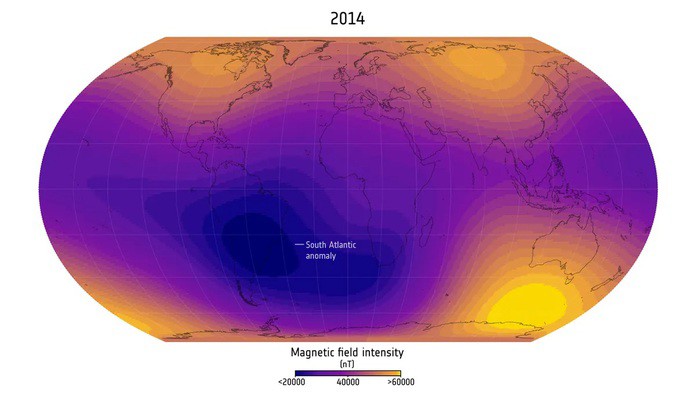 Vùng từ trường yếu nhất Trái Đất - Dị thường Nam Đại Tây Dương (South Atlantic Anomaly - SAA) - đã yếu thêm và ngày một lan rộng - Ảnh: ESA
