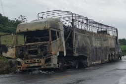 Tin tức trong ngày - Ô tô chở 128 xe máy bất ngờ bốc cháy trơ khung