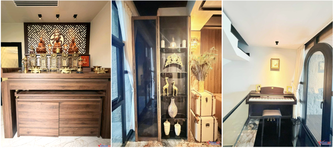 Các góc trống trong căn nhà được tận dụng trưng đồ trang trí, đàn piano và làm phòng thờ. 