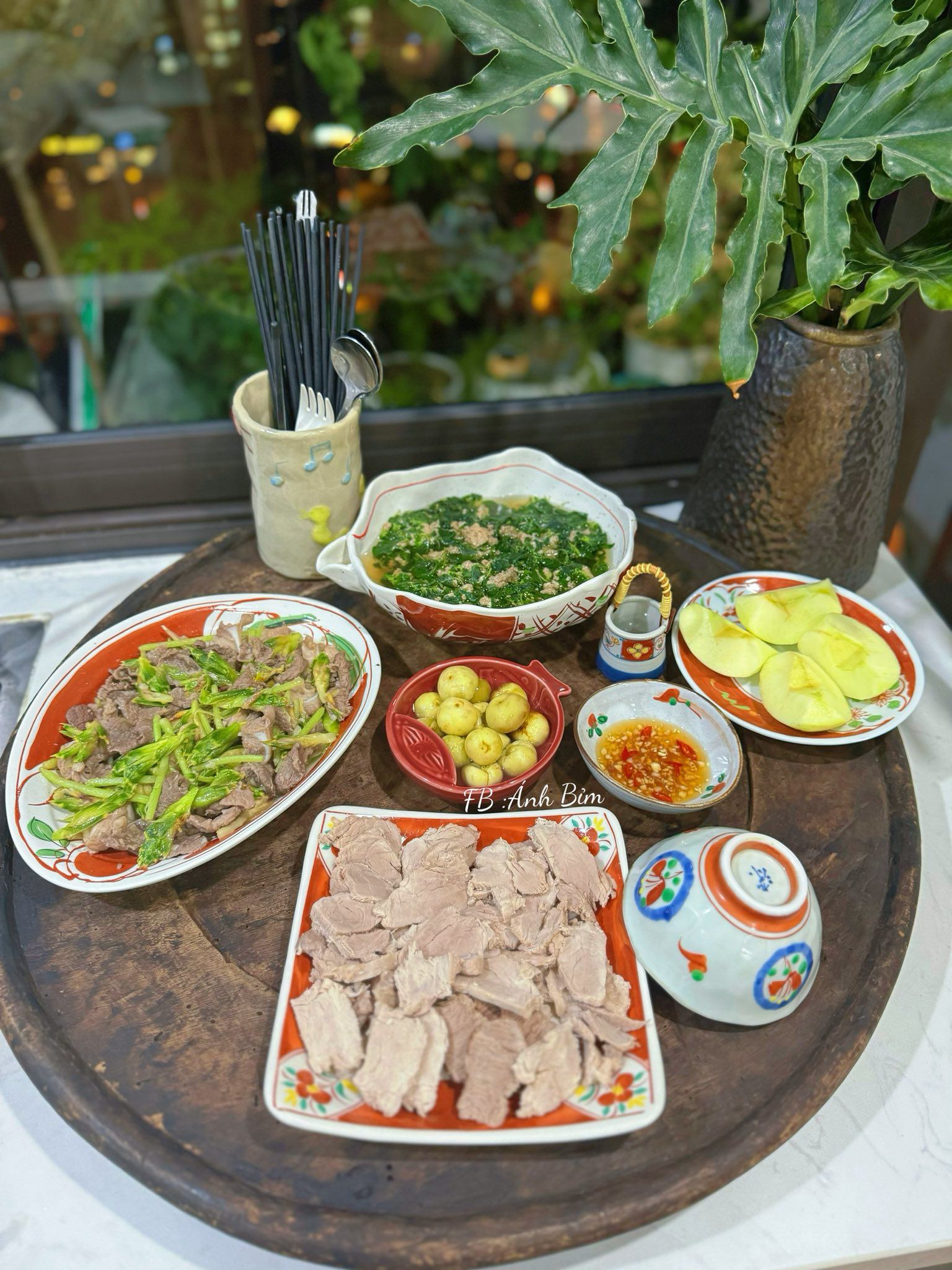 Thịt luộc - Bò xào hoa gừng - Canh tôm rau dền - Cà muối