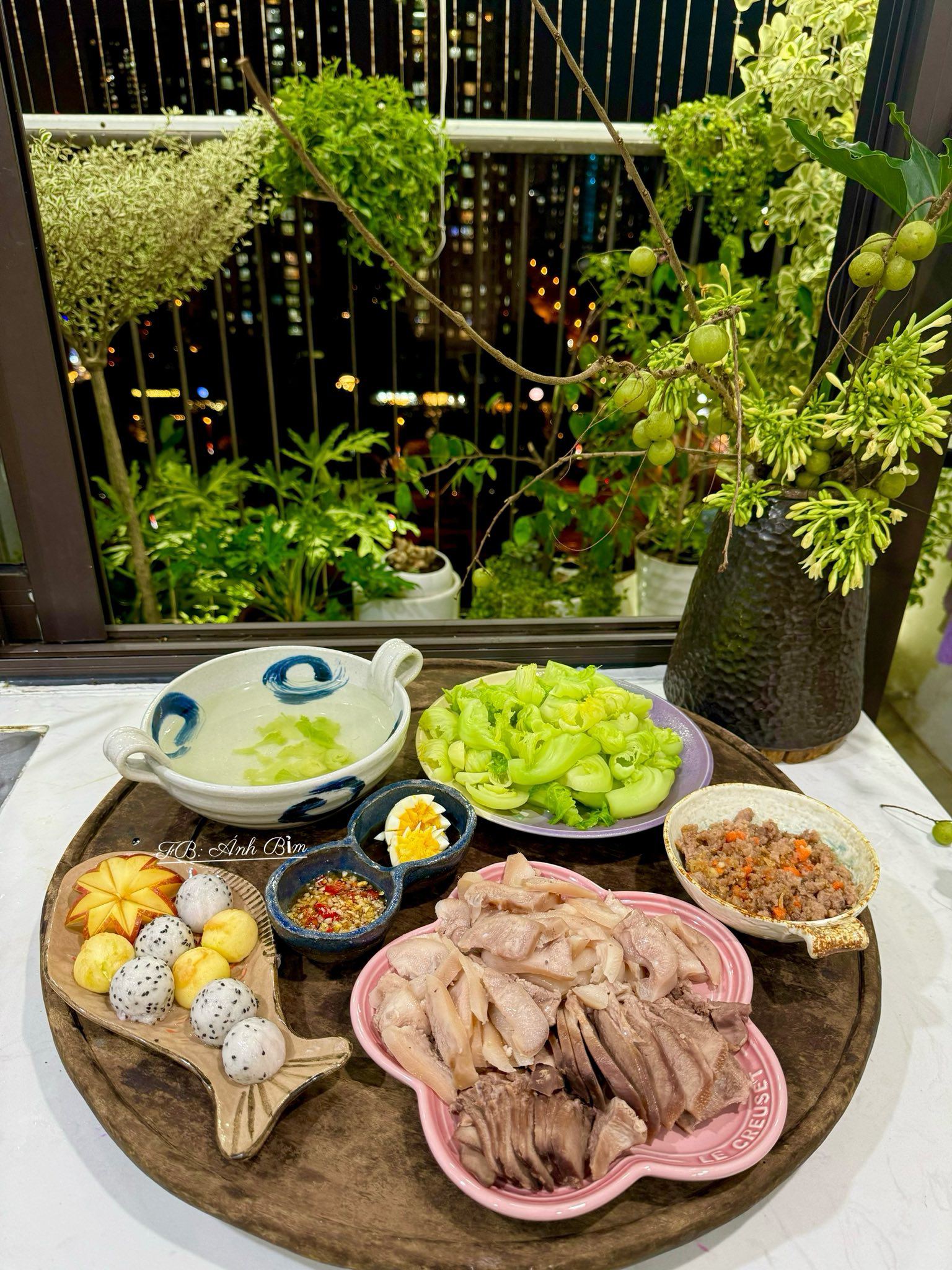 Lưỡi lợn luộc - Ngồng cải luộc - Thịt băm