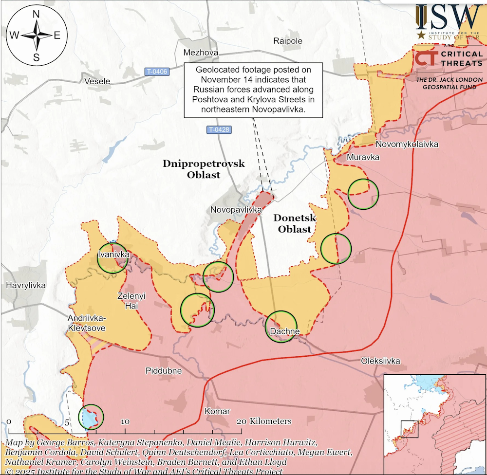 Quân đội Nga gần đây tạo đột phá, đưa quân tiến vào khu dân cư Novopavlivka (giữa) ở vùng Dnipropetrovsk. Ảnh: ISW.