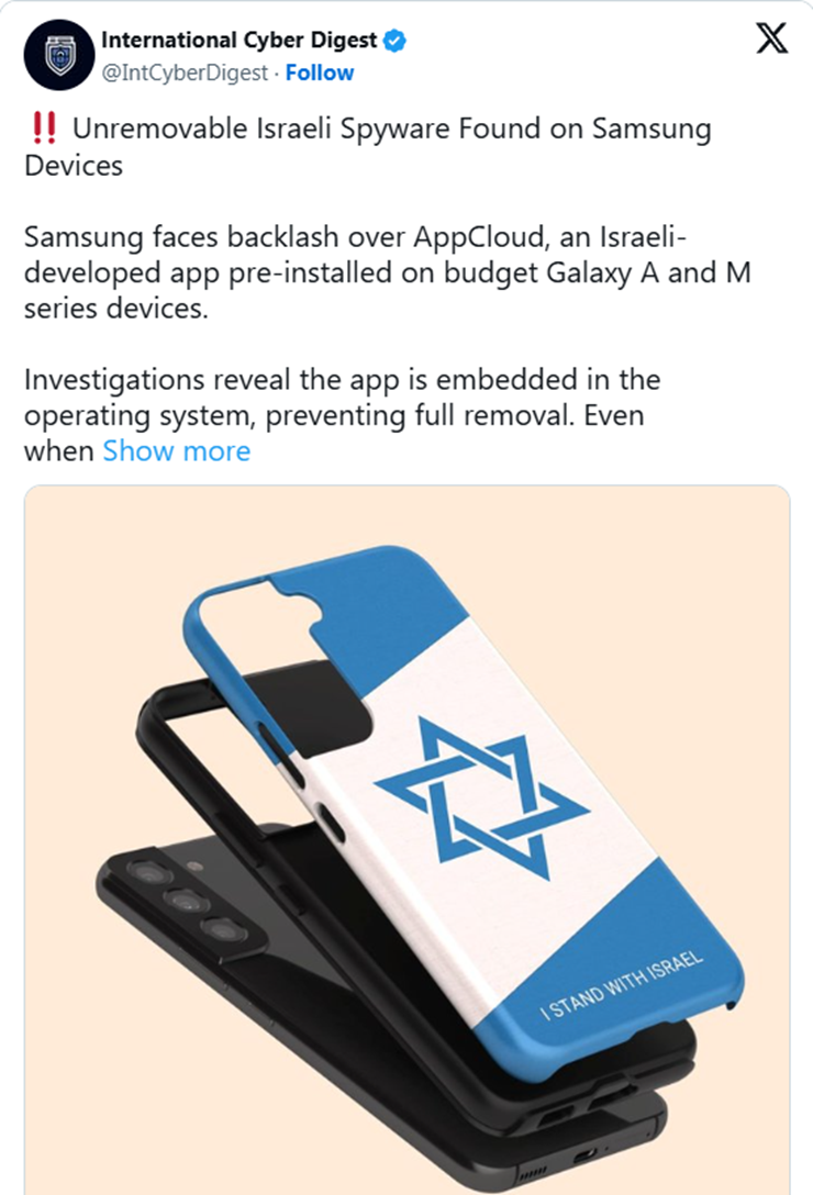 Bài viết trên X tố Samsung cài đặt ứng dụng gián điệp trên điện thoại Galaxy.