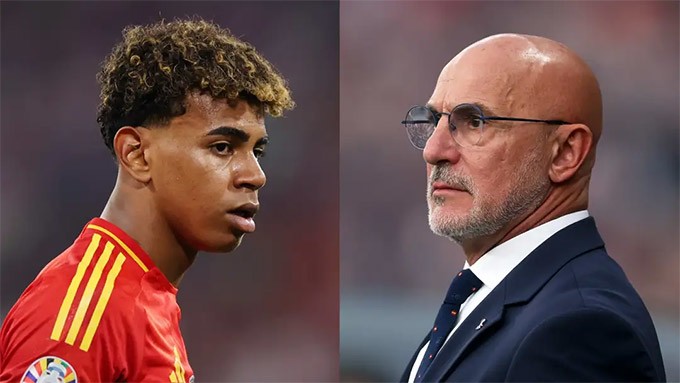 HLV De la Fuente (phải) làm căng với Barcelona trong 2 tháng qua về việc sử dụng Lamine Yamal