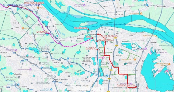Hướng tuyến đường dẫn nước từ sông Hồng đến sông Tô Lịch (đoạn đường đỏ)