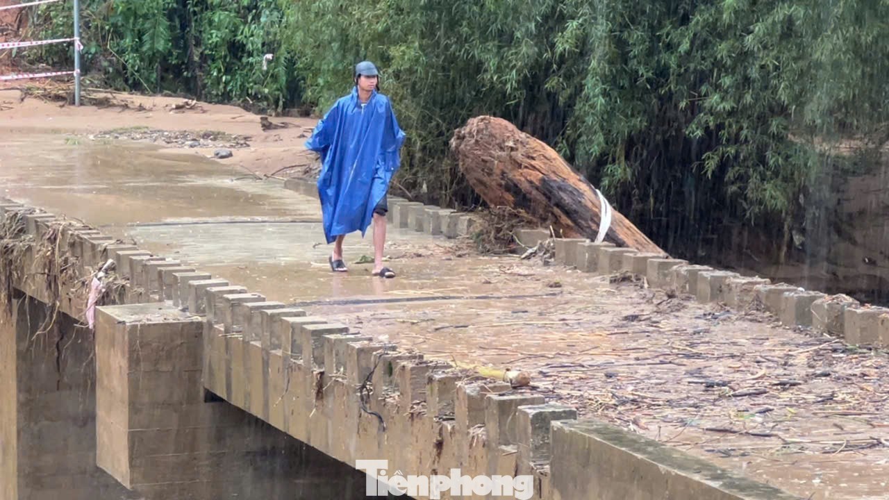 Rác, cây gỗ từ trên thượng nguồn theo dòng chảy tràn xuống khu vực chân cầu.