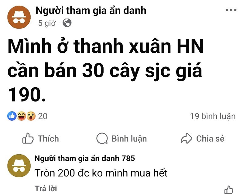 Giá vàng "chợ đen" có thời điểm tăng lên mức 200 triệu đồng/lượng rồi bất ngờ giảm mạnh khi thị trường đảo chiều. (Ảnh chụp màn hình)