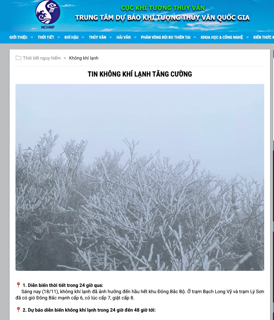 Tin không khí lạnh tăng cường được phát đi bởi Trung tâm Dự báo Khí tượng Thủy văn Quốc gia 9h30 sáng ngày 18/11. Ảnh chụp màn hình.