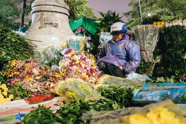 Ngồi co ro một góc chờ khách, bà Lan, chủ sạp hoa vỉa hè đối diện chợ Long Biên, cho biết trời lạnh đầu đông lại thêm mưa khiến việc buôn bán chật vật hơn thường ngày. Ngồi nhiều giờ ngoài trời, bà thừa nhận rét buốt nhưng đã quen: 'Rét thì mặc ấm thôi'.