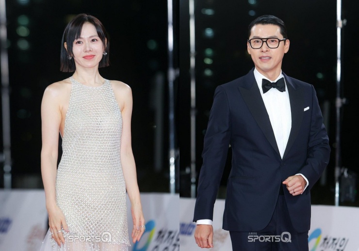 Vợ chồng diễn viên Son Ye Jin và Hyun Bin (phải) cùng xuất hiện tại lễ trao giải Rồng Xanh 2025 tối 19/11, tuy nhiên cả hai không đi thảm đỏ cùng nhau.