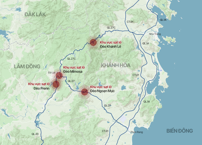 Đèo Mimosa là một trong nhiều đèo ở cửa ngõ Đà Lạt bị sạt lở. Ảnh: Tâm Thảo