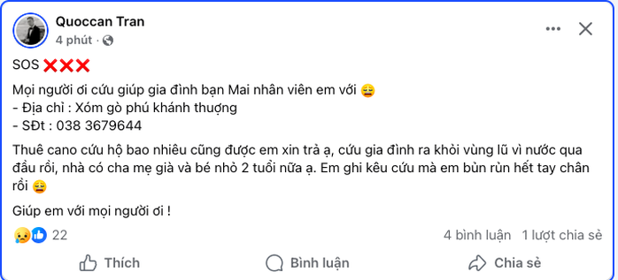 Lãnh đạo một doanh nghiệp lên mạng kêu hỗ trợ giúp nhân viên đang ở khu vực bị ngập