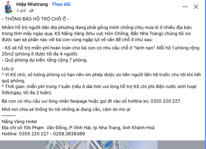 Một khách sạn ở phường Bắc Nha Trang mở cửa để người dân vùng ngập lụt vào ở miễn phí