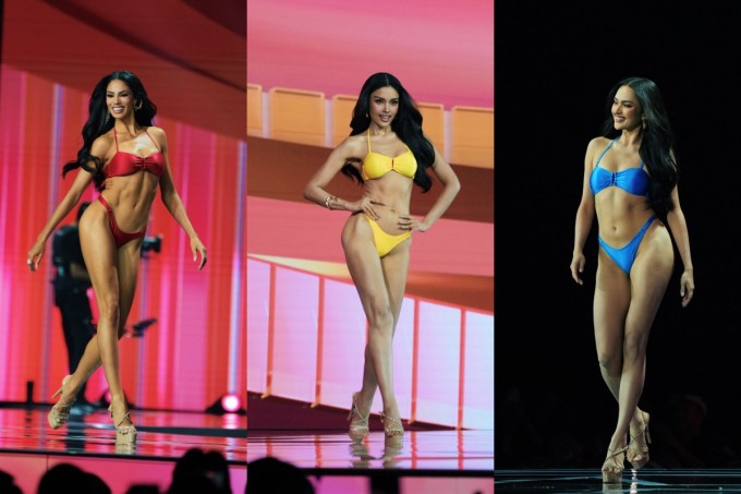 Hình thể thí sinh Puerto Rico, Thái Lan, Philippines (từ trái qua) ở vòng thi áo tắm. Ảnh: Miss Universe Thailand