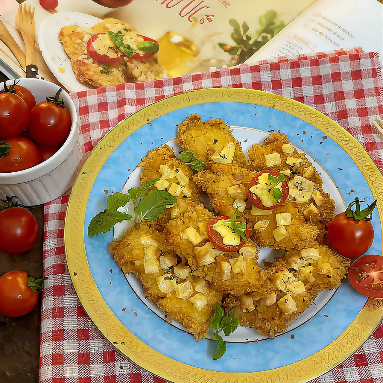 Trang trí thêm lá húng quế, thưởng thức ngay khi còn nóng.