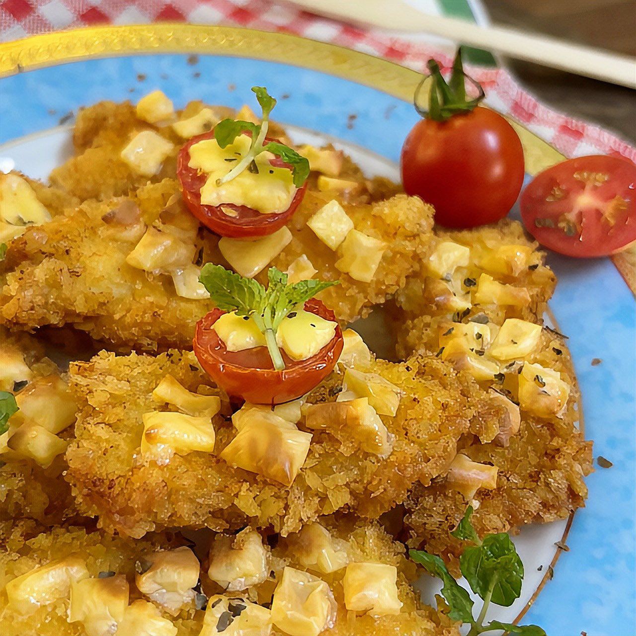 Gà chiên giòn rụm, vị phô mai béo thơm hòa quyện với cà chua ngon miễn chê.