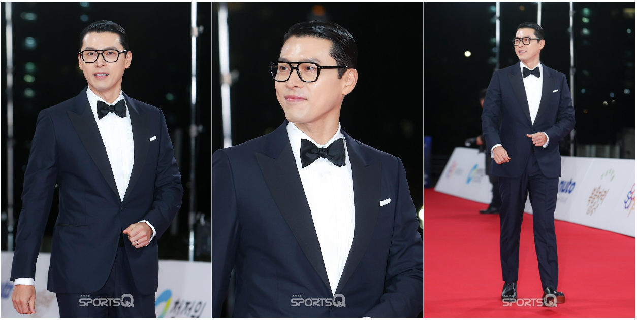 Trong khi đó, tài tử Hyun Bin diện bộ vest bảnh bao, tóc vuốt ngược, tạo điểm nhấn bằng cặp kính gọng đen.