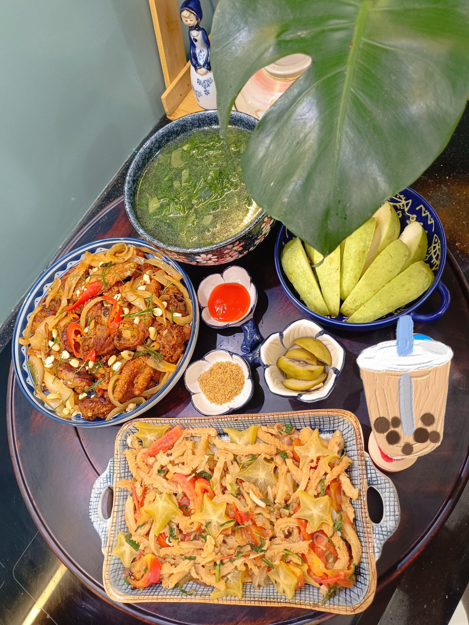 Canh rau cải - Gà chiên mắm - Ong xách xào khế - Cóc ngâm chua ngọt - Ổi