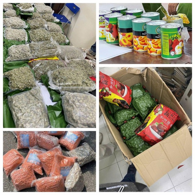 Số cần sa được ngụy trang trong thực phẩm khô, trà thảo mộc, táo đỏ, trầm hương... Ảnh: CACC