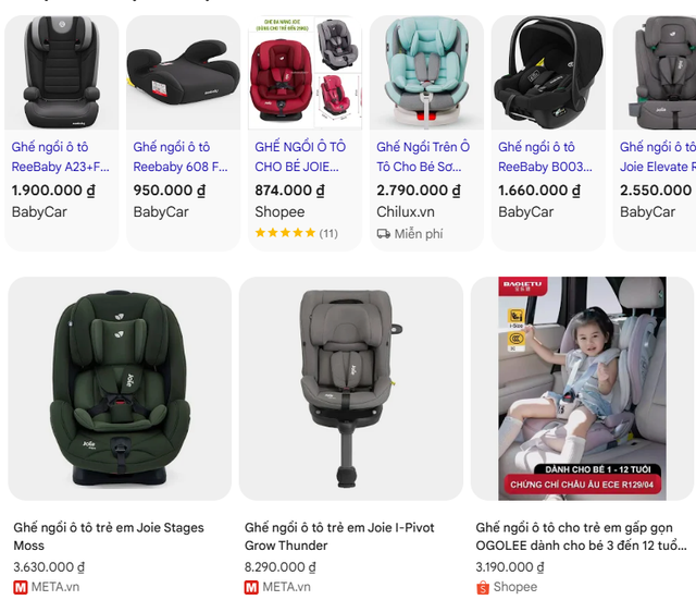 Nhiều dòng ghế trẻ em được bày bán trực tuyến, giúp phụ huynh dễ dàng lựa chọn sản phẩm phù hợp với nhu cầu và khả năng tài chính. Ảnh chụp màn hình.