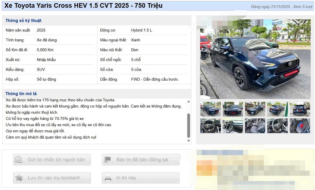 Một tin rao bán Toyota Yaris Cross HEV 2025 cũ.