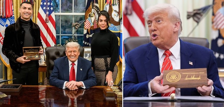 Ronaldo được Tổng thống Mỹ Donald Trump trao chiếc “chìa khóa Nhà Trắng” mạ vàng.