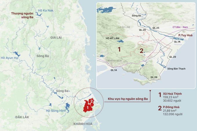 Bản đồ xã Hòa Thịnh và phường Đông Hòa, hai khu vực ngập sâu nhất Đăk Lăk (Phú Yên cũ). Đồ họa: Hoàng Khánh