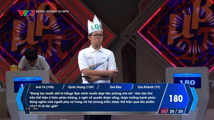 Gia Bảo là thí sinh đầu tiên bước vào phần thi Về đích với gói câu hỏi 3 câu 20 điểm.