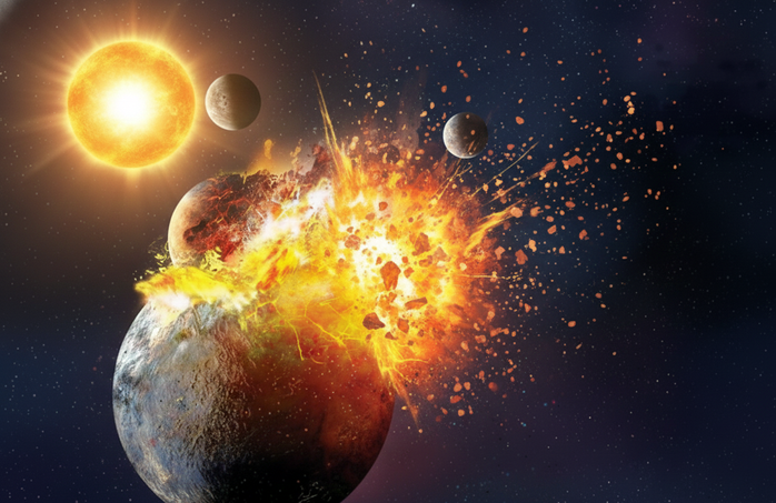 Hệ Mặt Trời sơ khai với Sao Thủy, Sao Kim ở phía trong, rồi đến Theia và Trái Đất đang va chạm - Minh họa AI: Thu Anh